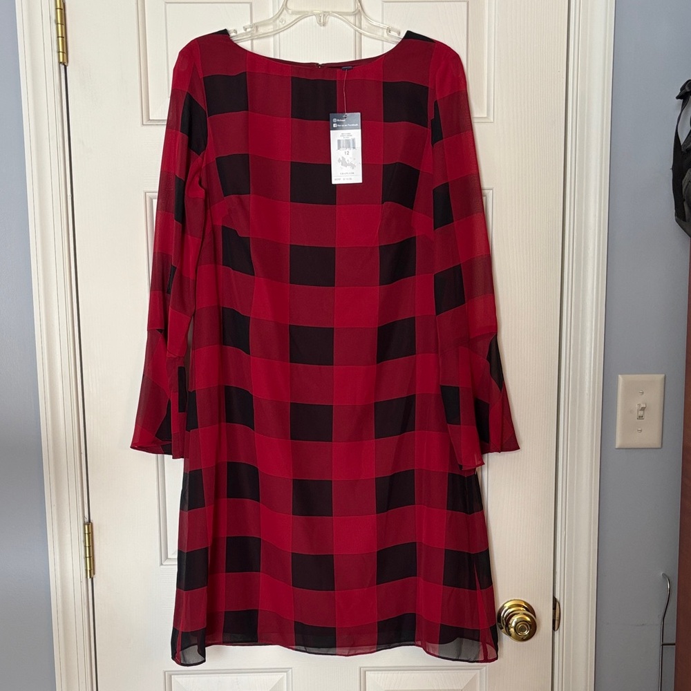 Chaps Women Dress NWT Buffalo Plaid Red & Black Long Bell Sleeves Sheer Size 12
